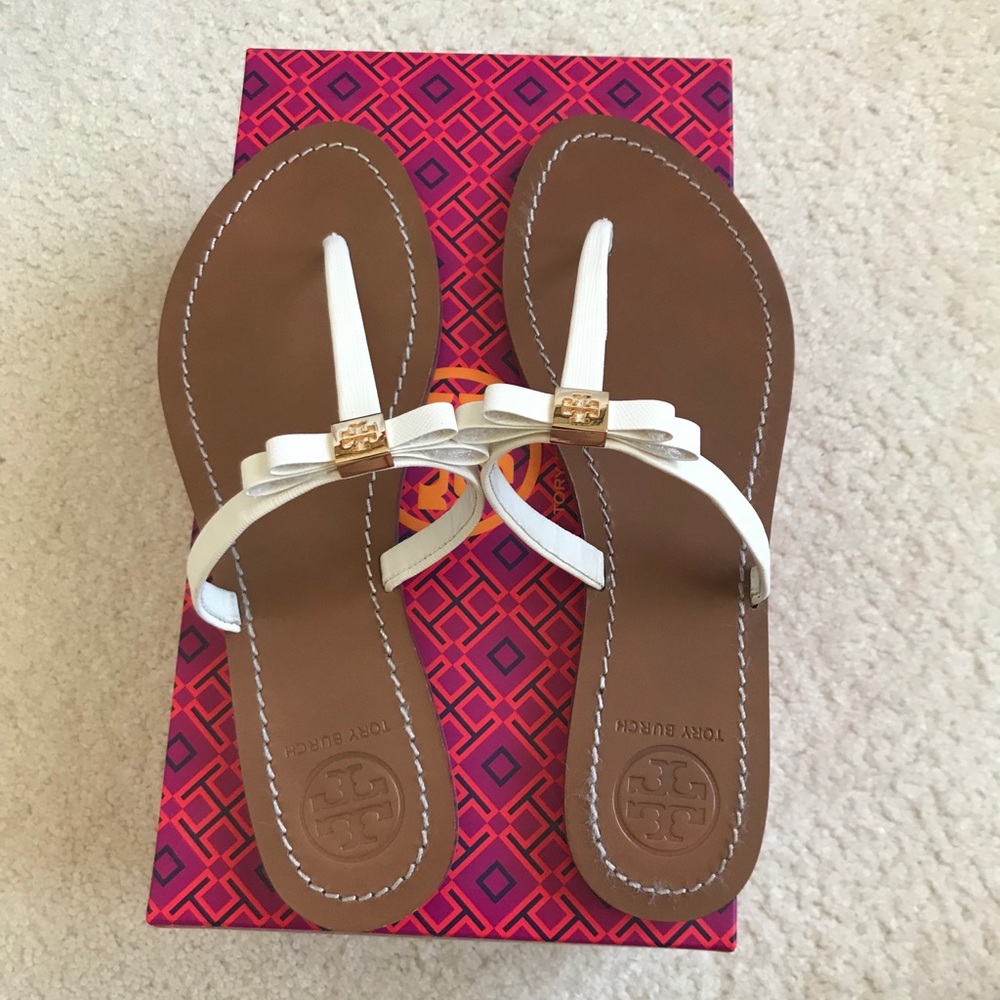 Tory Burch White Strap Gold Bow Flip Flop